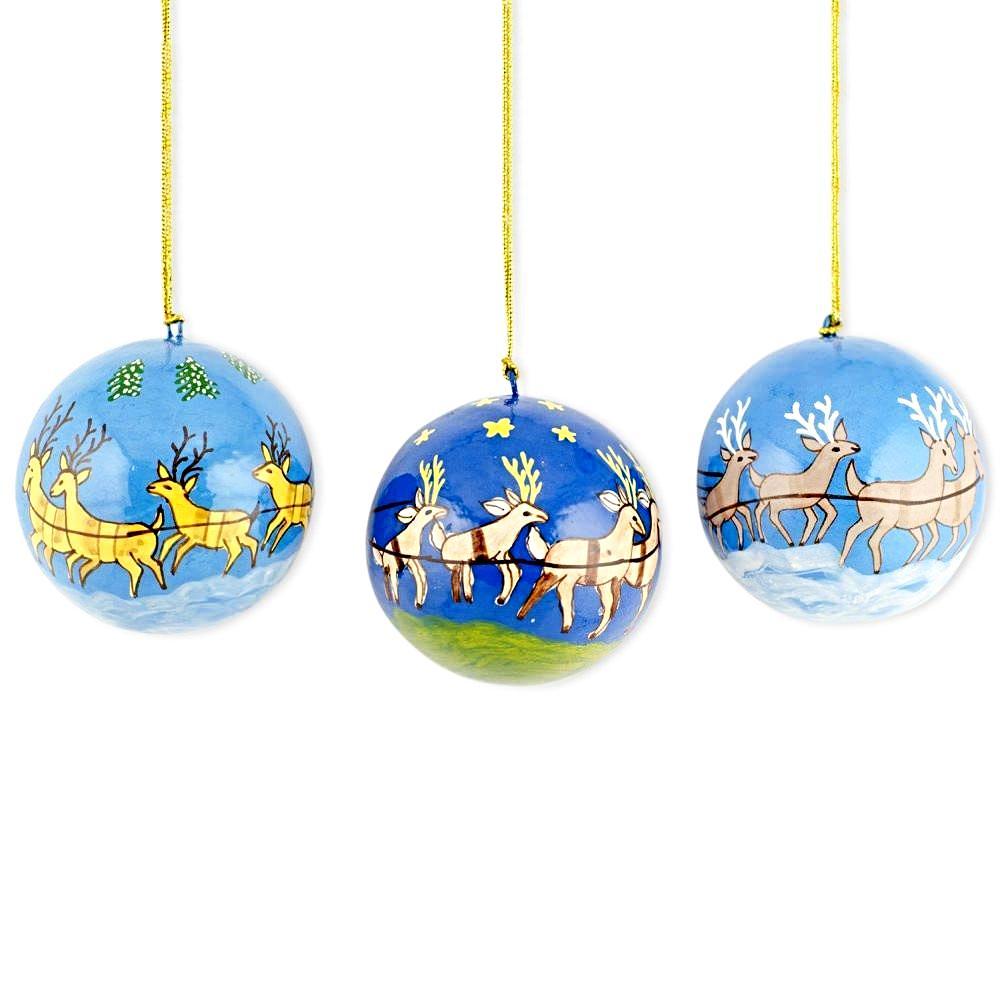 Set of 3 Santa Sleigh and Reindeer Wooden Christmas Ball Ornaments BestPysanky