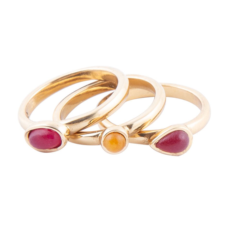 Dainty Stackable Red and Yellow Agate Golden Ring Set Barse Jewelry