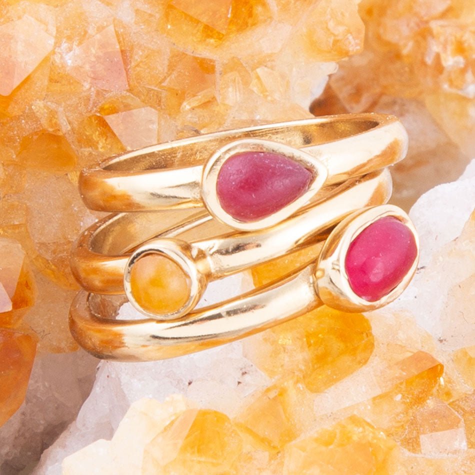 Dainty Stackable Red and Yellow Agate Golden Ring Set Barse Jewelry