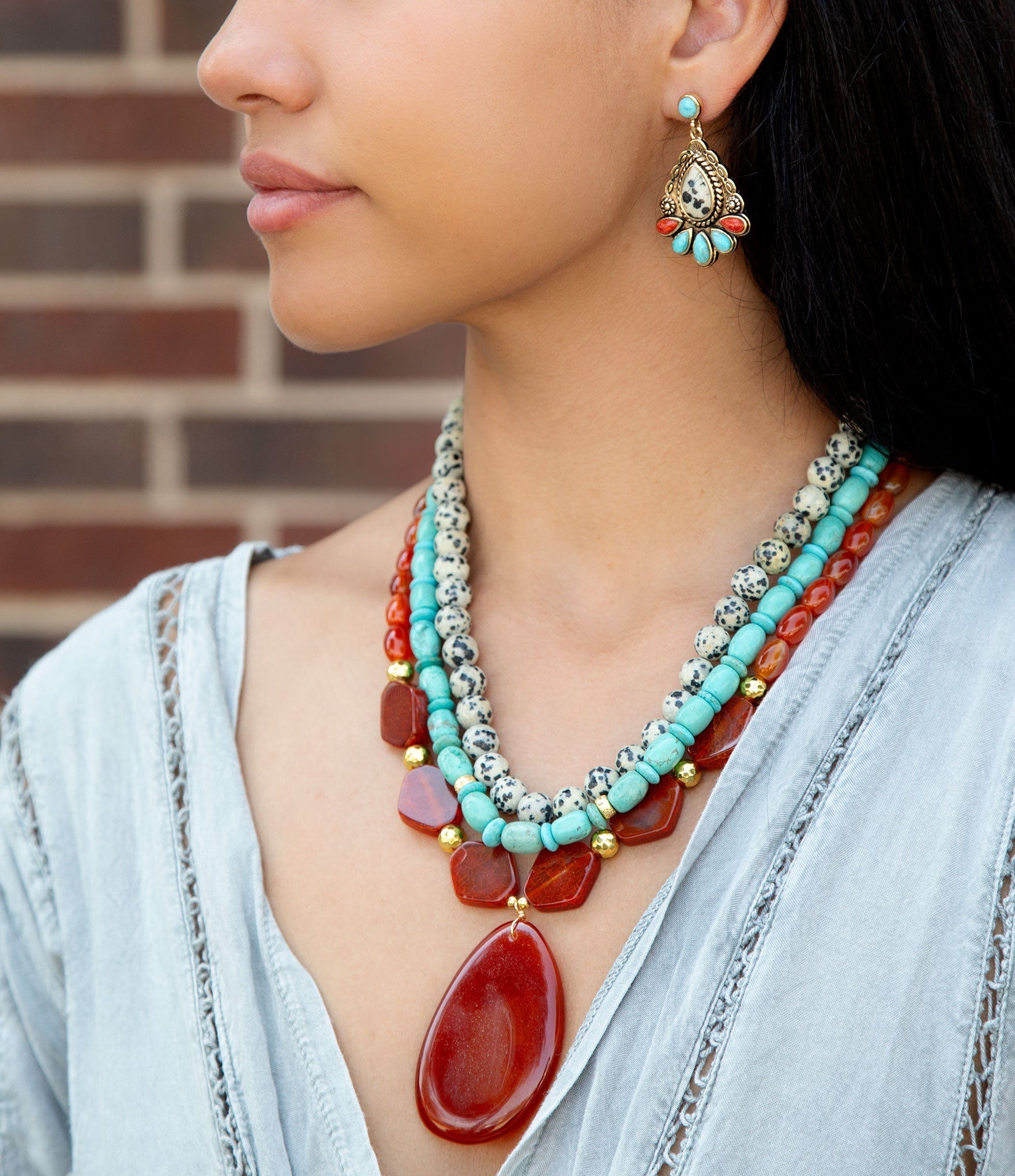 Dalmatian Jasper Colorful Golden Drop Earrings Barse Jewelry