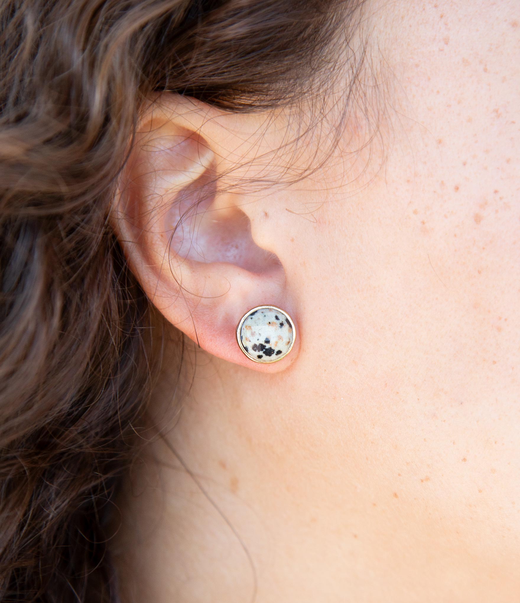 Dalmatian White and Black Jasper Golden Post Earrings Barse Jewelry