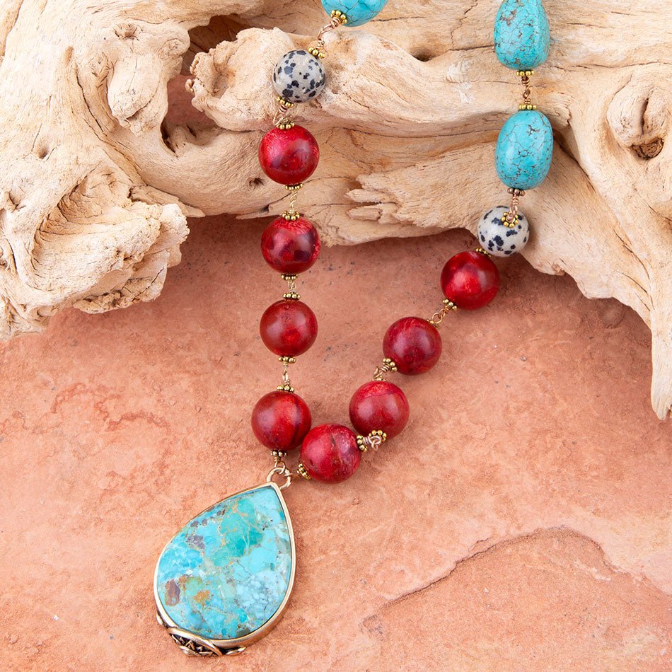 Blue and Red Turquoise Teardrop Golden Necklace Barse Jewelry