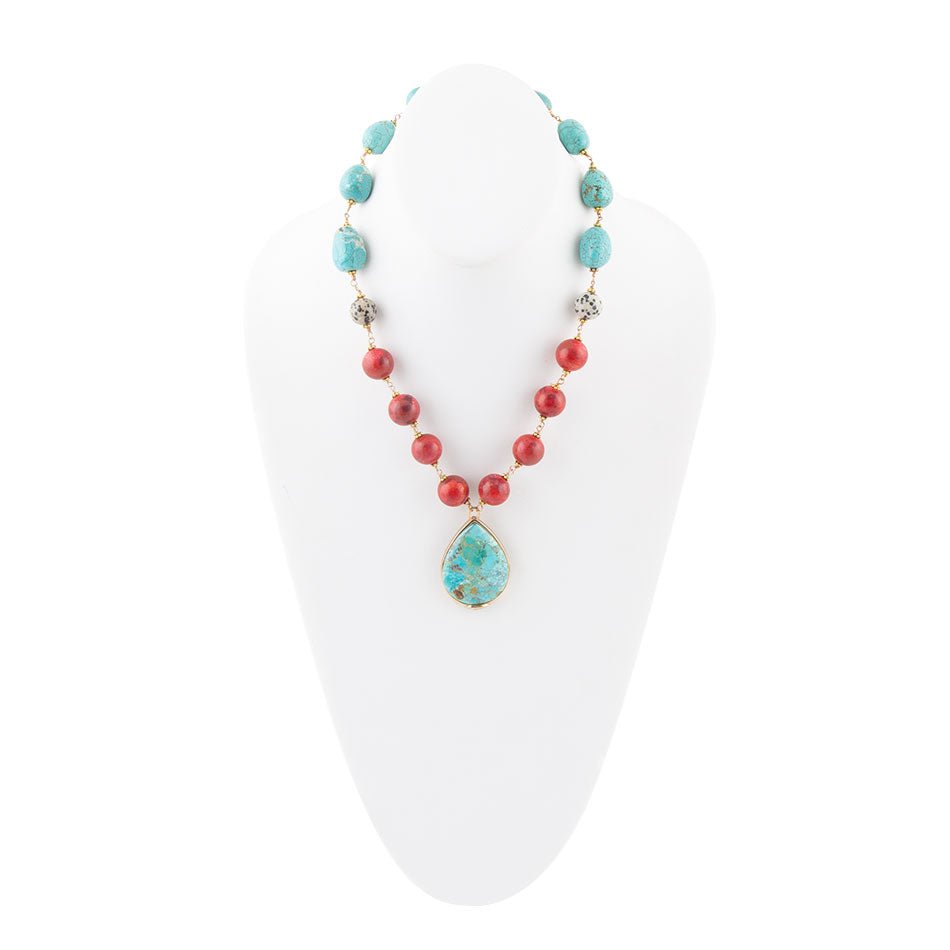 Blue and Red Turquoise Teardrop Golden Necklace Barse Jewelry