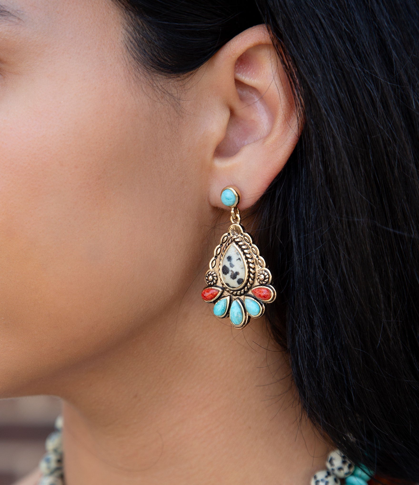 Dalmatian Jasper Colorful Golden Drop Earrings Barse Jewelry