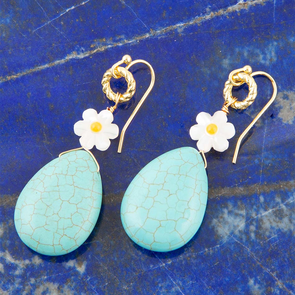 Dani Blue Turquoise Magnesite Flower Golden Drop Earrings Barse Jewelry