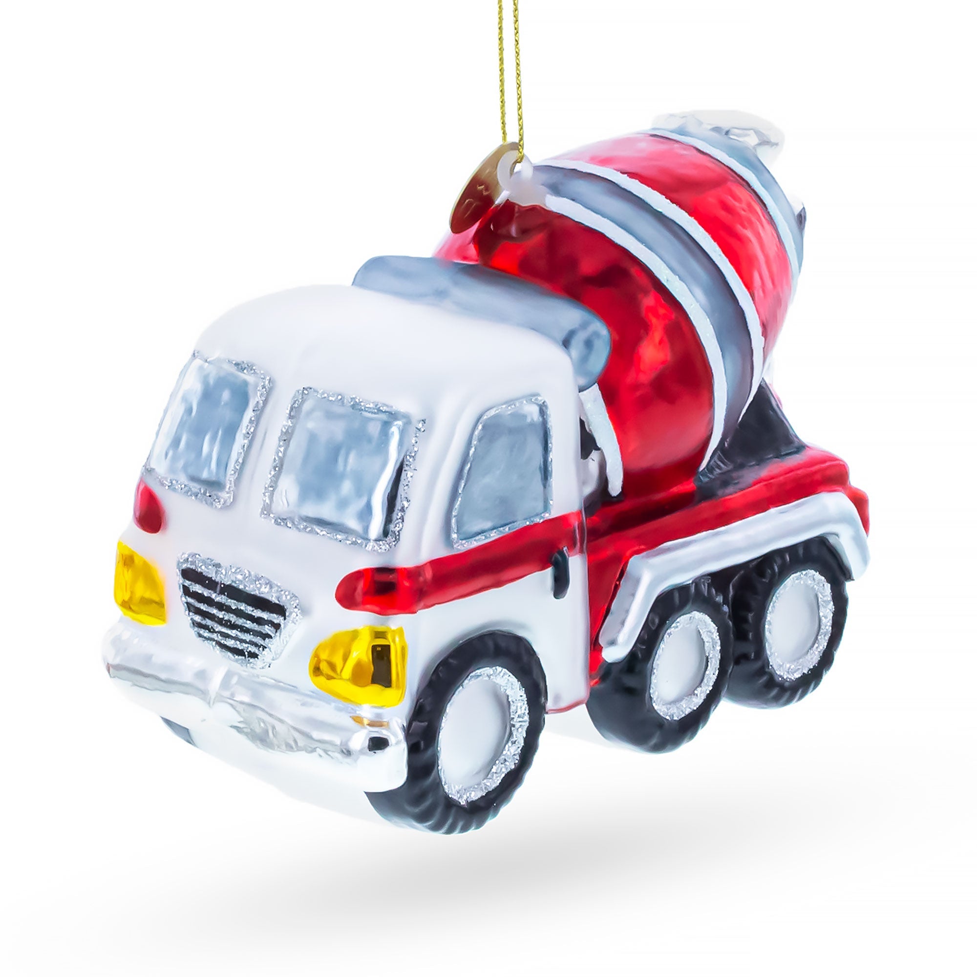 Striped Concrete Mixer Construction Vehicle Glass Christmas Ornament