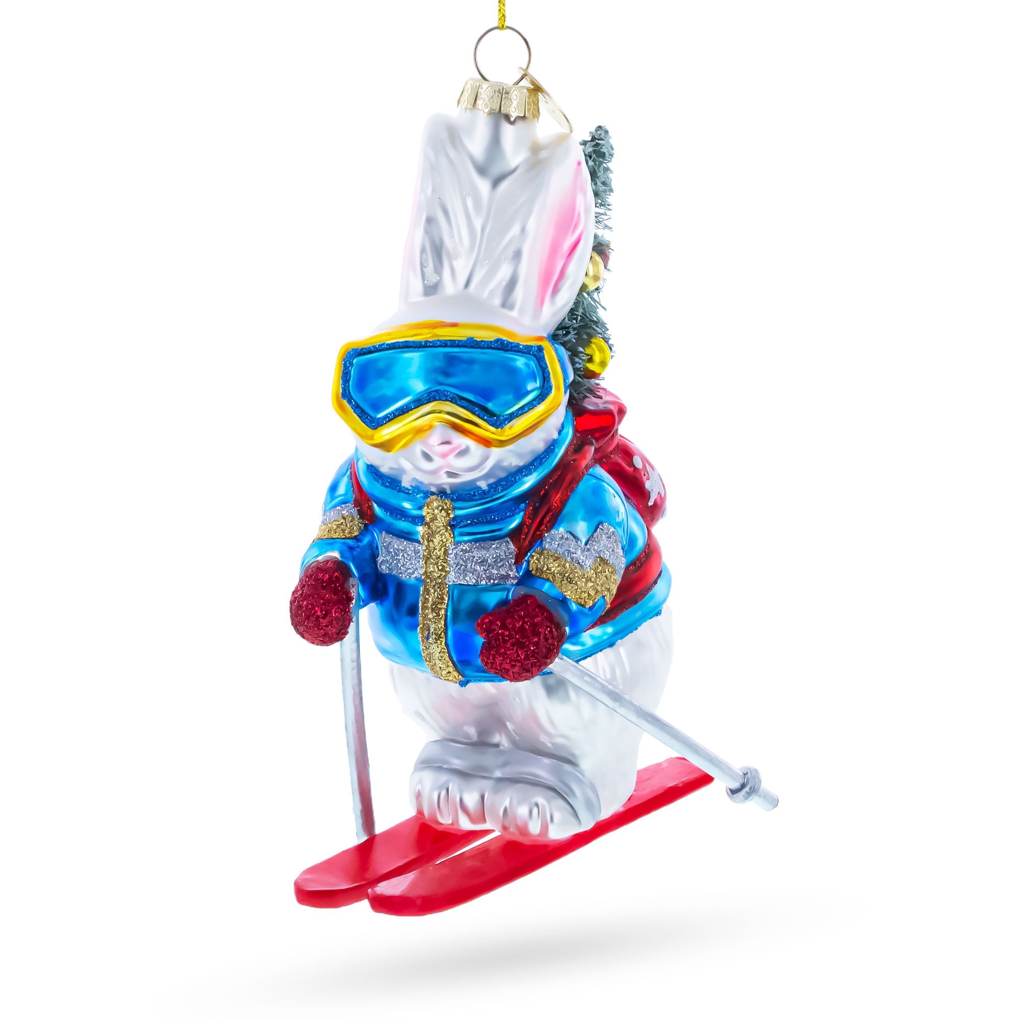 Skiing Bunny with Backpack Glass Christmas Ornament