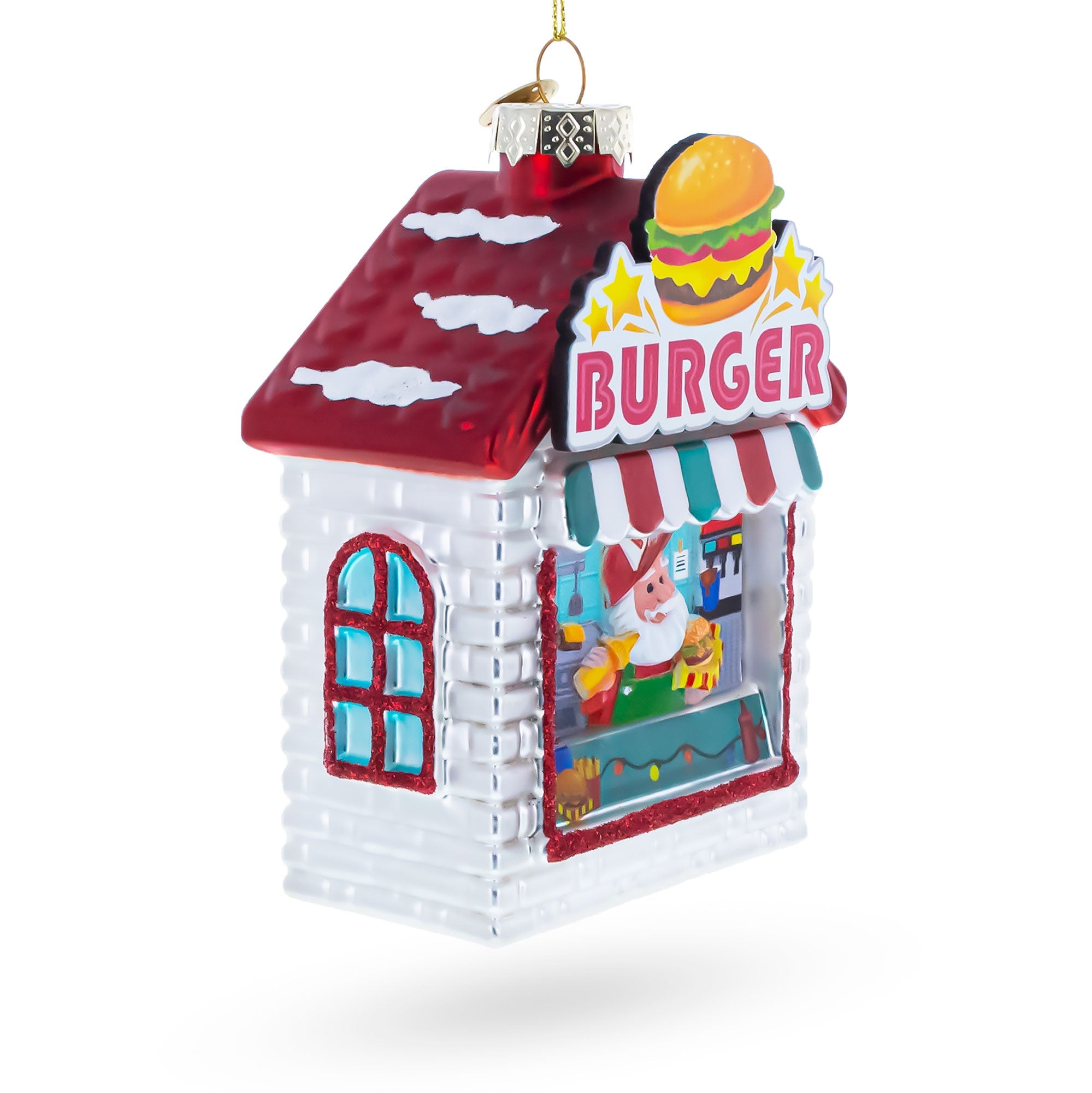Santa’s Holiday Burger Stand Glass Christmas Ornament