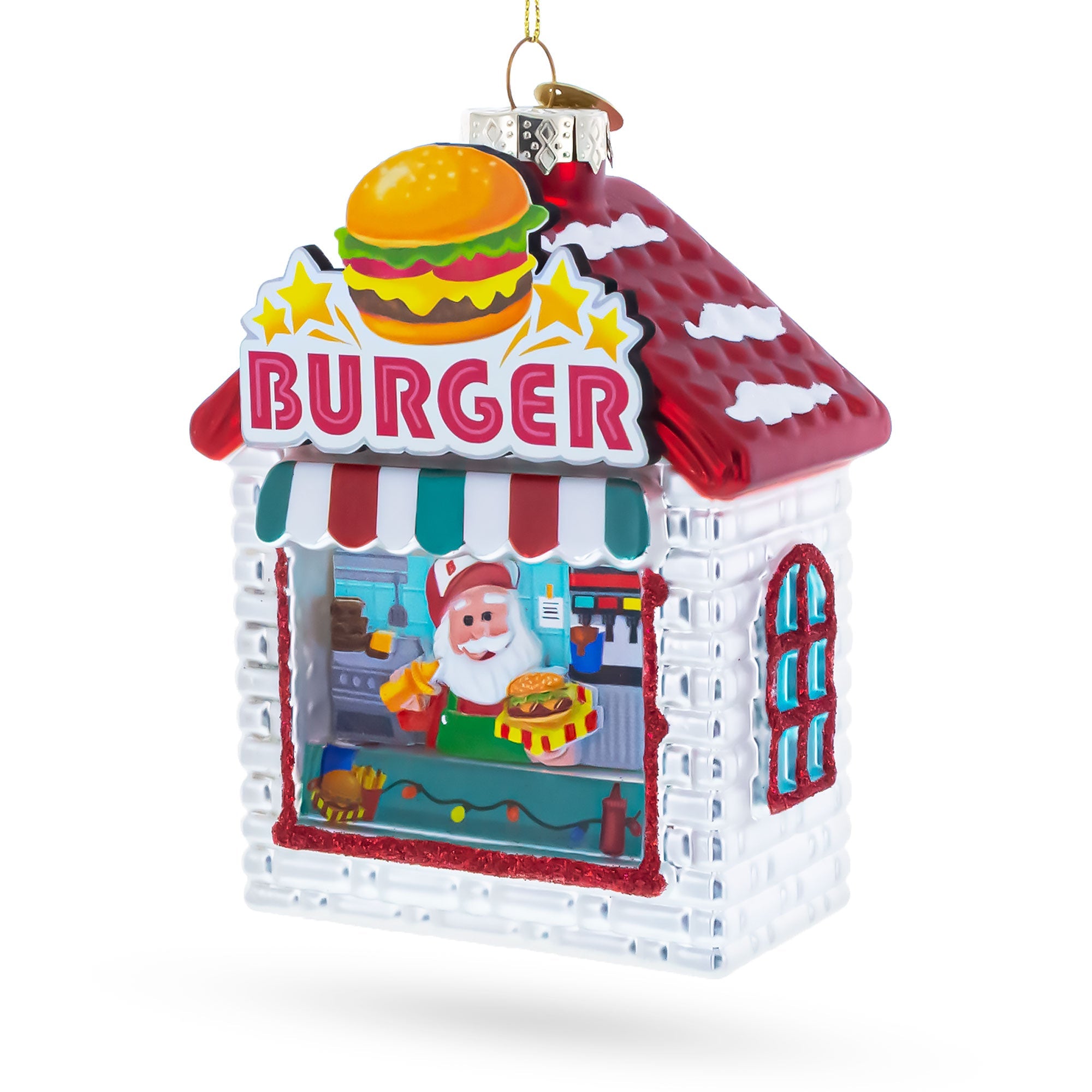 Santa’s Holiday Burger Stand Glass Christmas Ornament