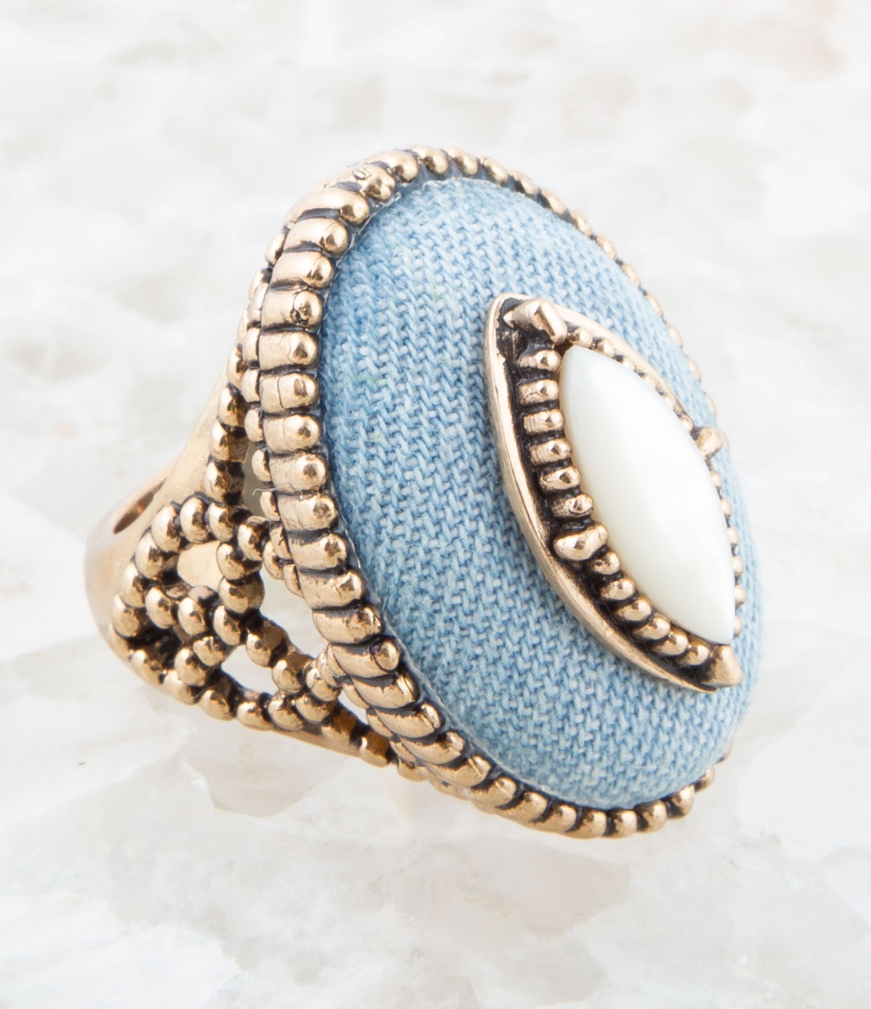 Denim Dreams White Mother of Pearl Golden Statement Ring Barse Jewelry