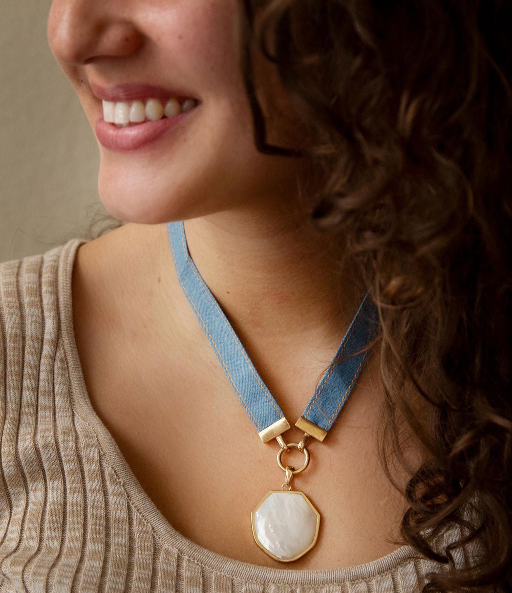 Blue Denim Dreams White Mother of Pearl Ribbon Golden Pendant Necklace Barse Jewelry