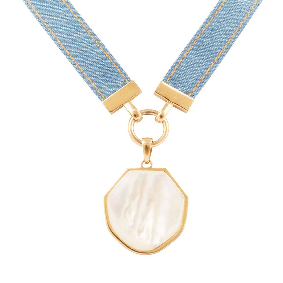 Blue Denim Dreams White Mother of Pearl Ribbon Golden Pendant Necklace Barse Jewelry