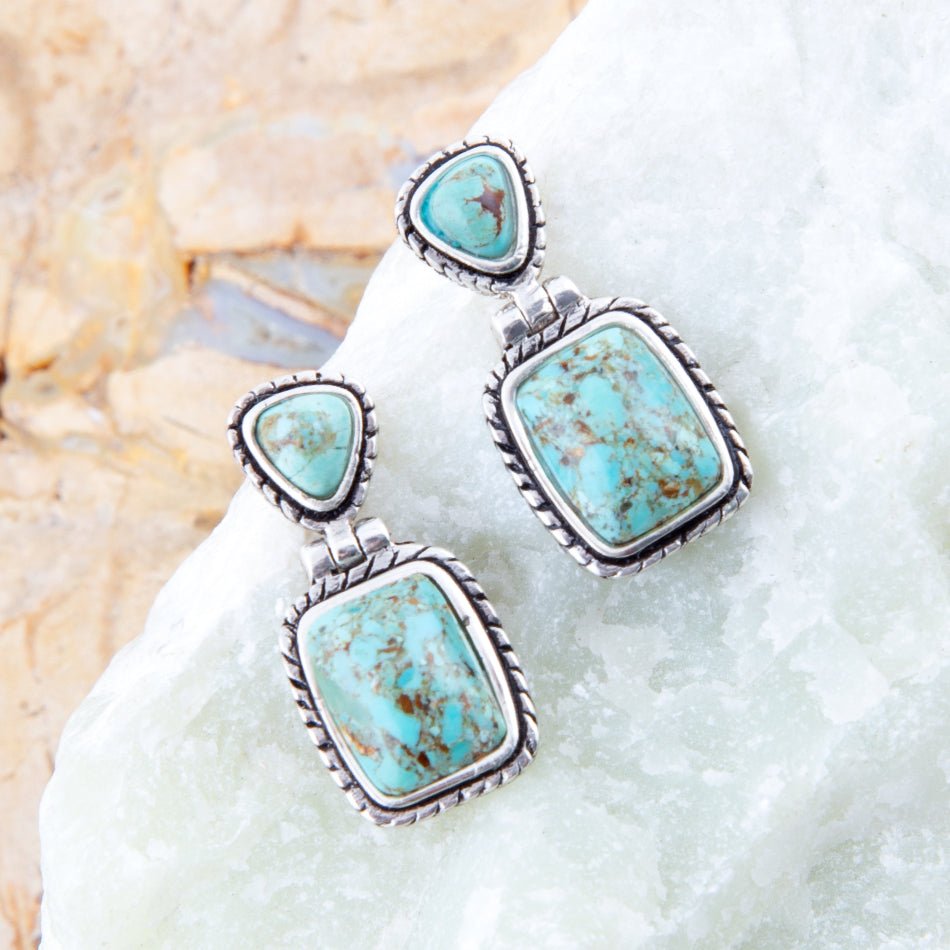 Detailed Blue Turquoise and Sterling Silver Drop Earrings Barse Jewelry