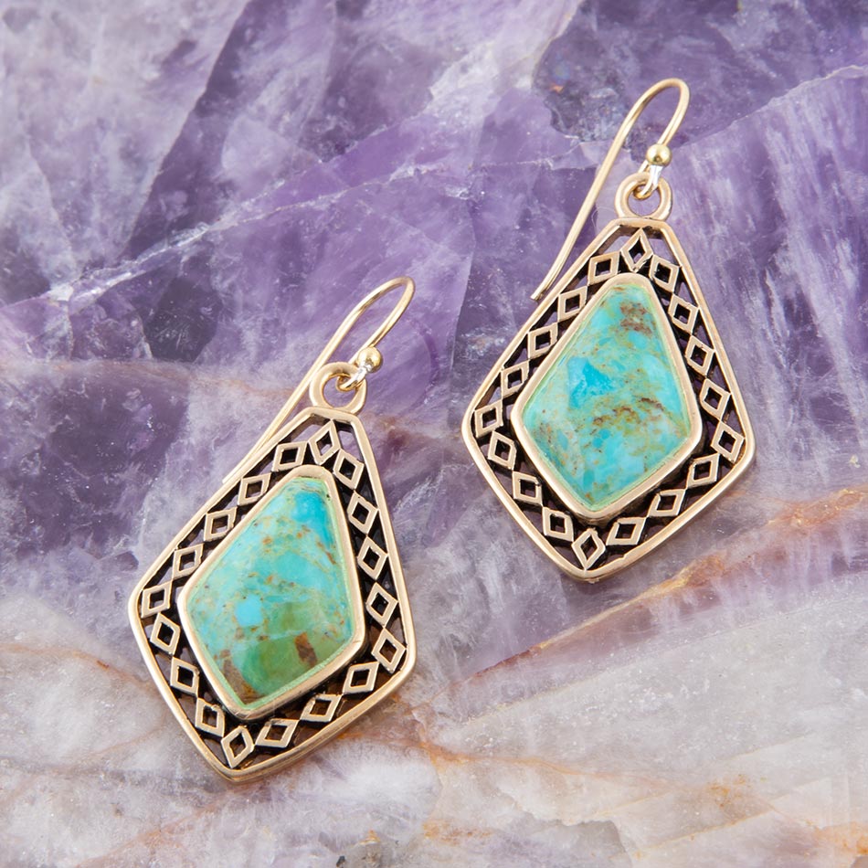 Dimond Blue Turquoise Stone Golden Drop Earrings Barse Jewelry