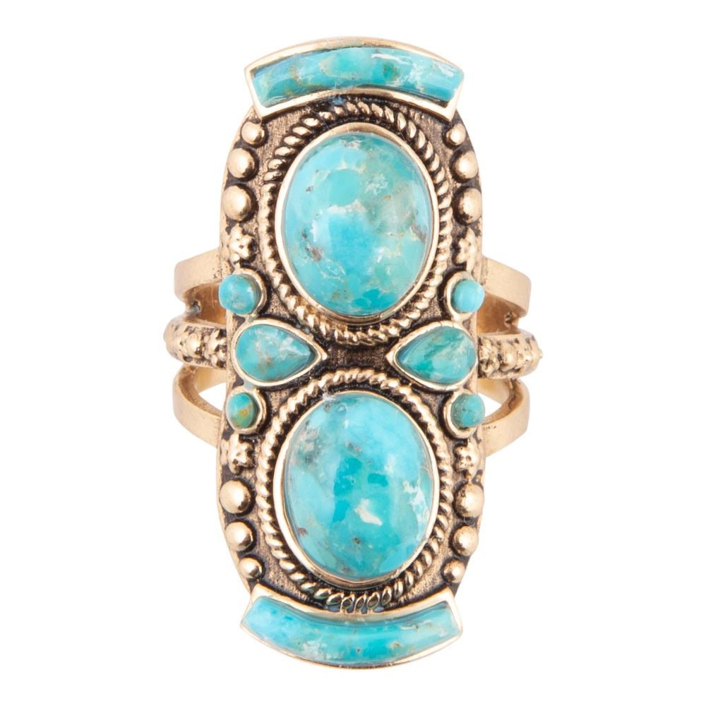 Double Blue Turquoise Golden Shield Ring Barse Jewelry
