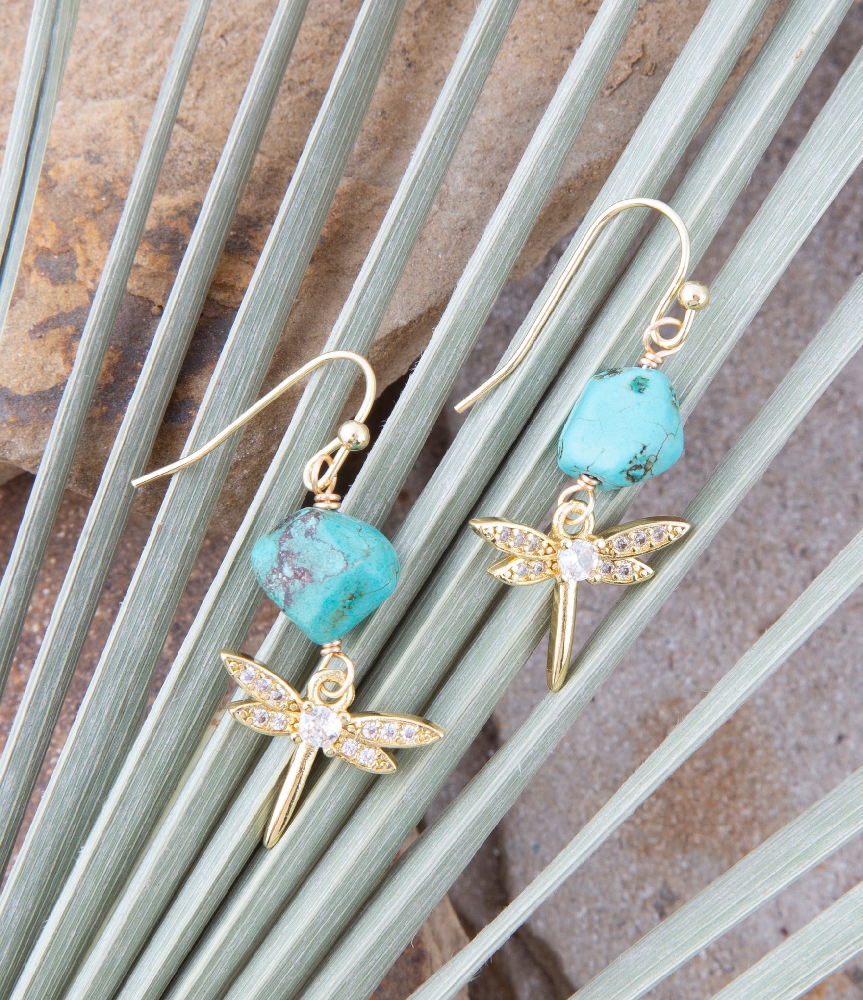 Dragonfly Blue Magnesite Golden Drop Earrings Barse Jewelry