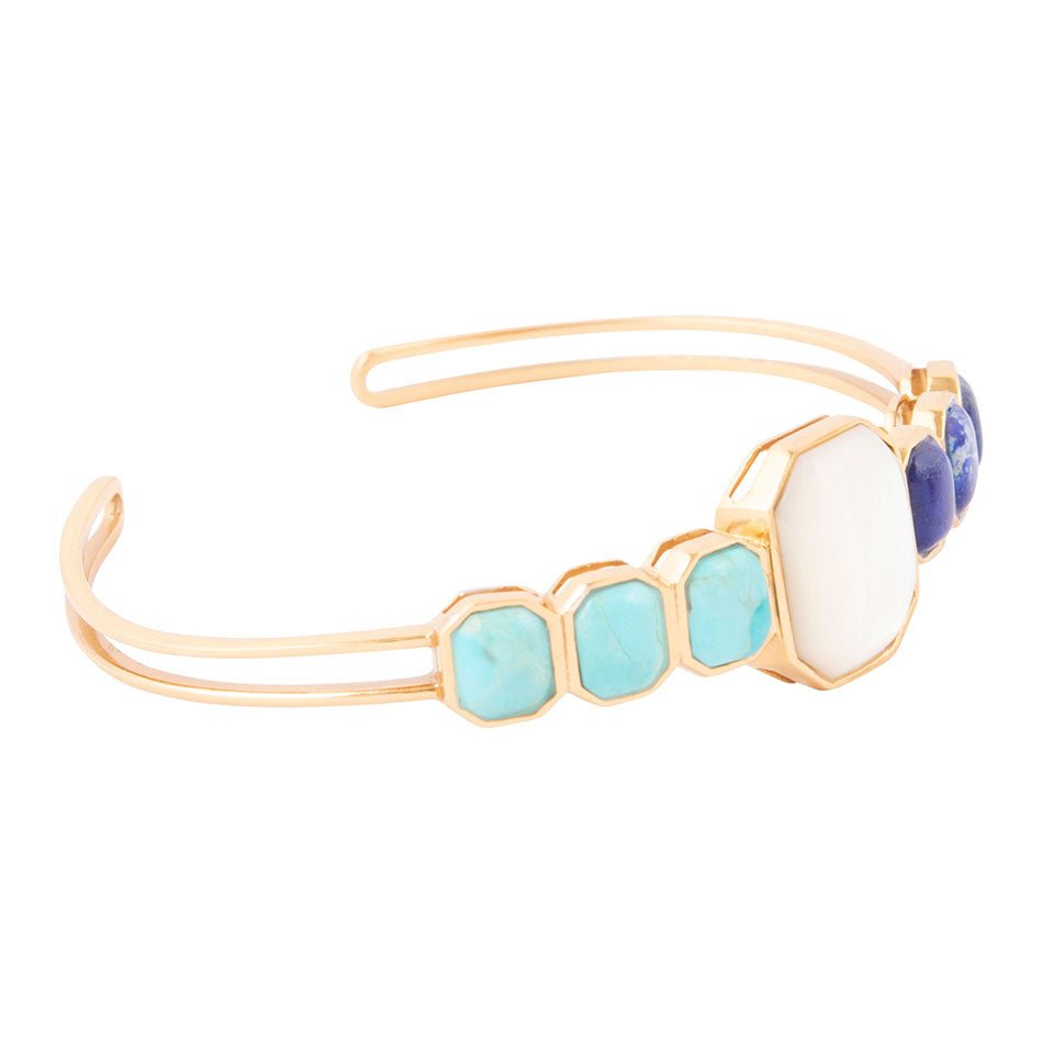 Dual Color Blue Lapis Turquoise and White Mother of Pearl Golden Cuff Bracelet Barse Jewelry
