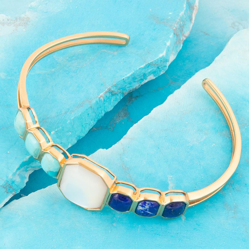 Dual Color Blue Lapis Turquoise and White Mother of Pearl Golden Cuff Bracelet Barse Jewelry