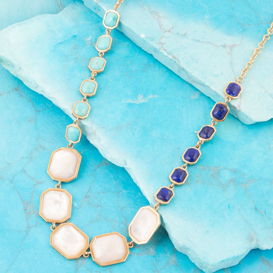 Dual Color Blue Lapis Turquoise and White Mother of Pearl Golden Necklace Barse Jewelry