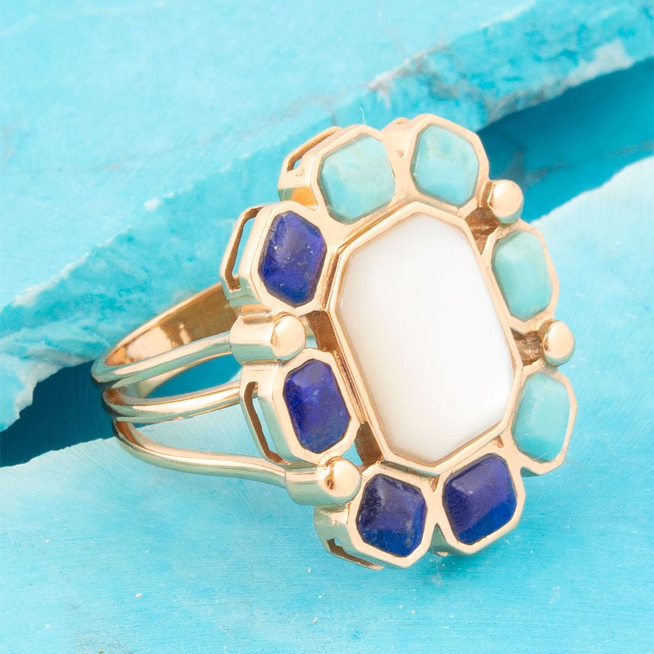 Dual Color Blue Lapis Turquoise and White Mother of Pearl Golden Ring Barse Jewelry
