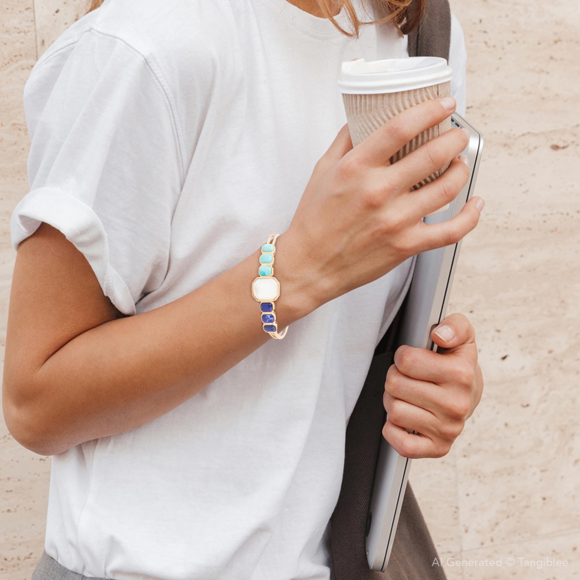 Dual Color Blue Lapis Turquoise and White Mother of Pearl Golden Cuff Bracelet Barse Jewelry