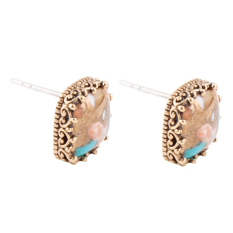 Empire Blue Turquoise and Orange Spiny Matrix Golden Stud Earrings Barse Jewelry