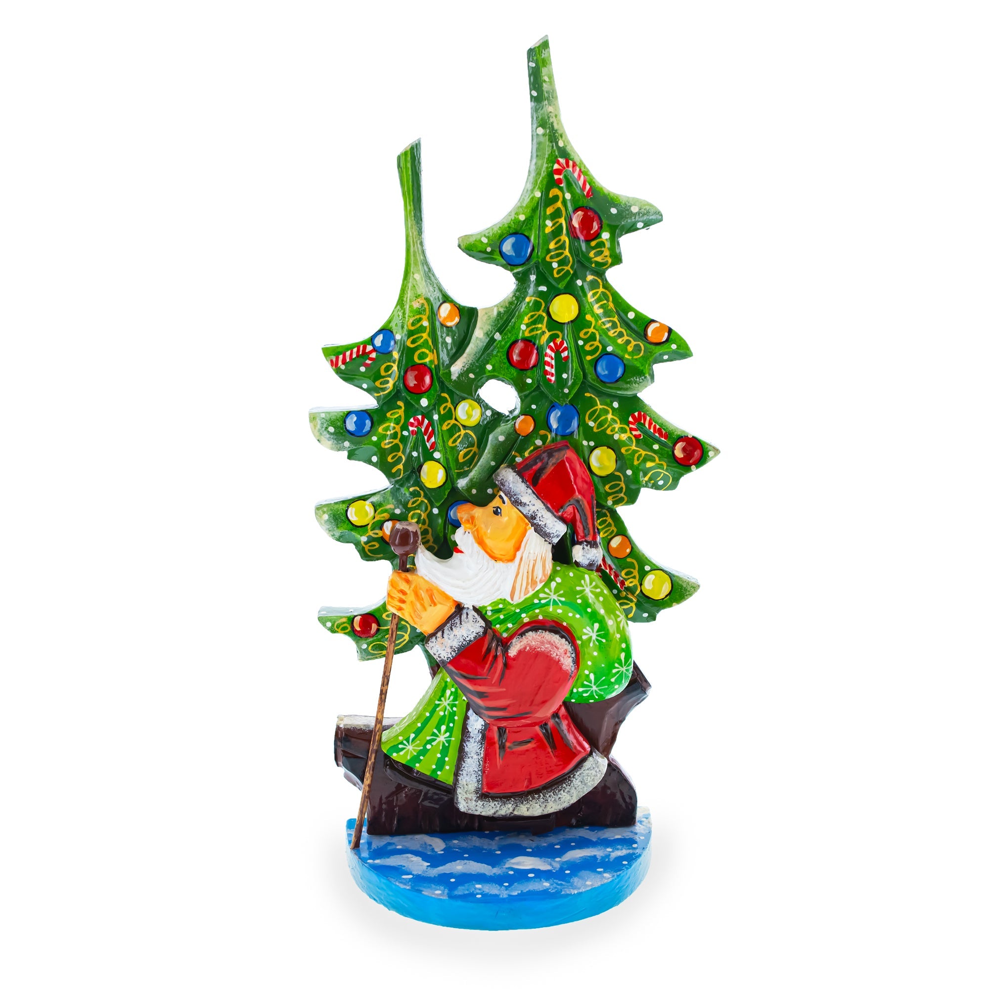 Did Moroz (Santa) and Christmas Tree Hand Carved Ukrainian Wooden Figurine 12.25 Inches