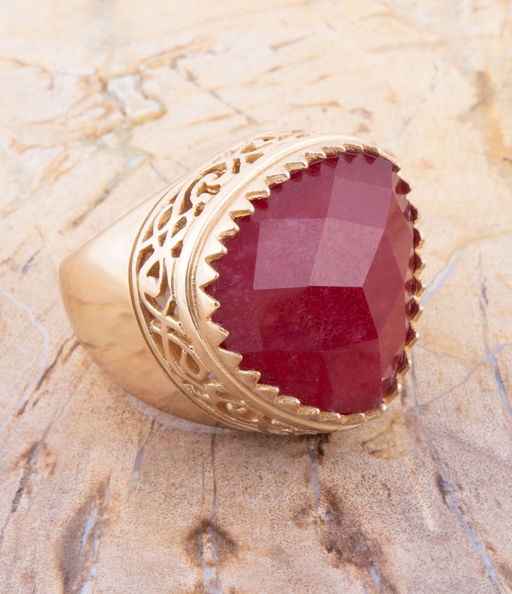 Filigreed Merlot Red Quarrtz Golden Statement Ring Barse Jewelry
