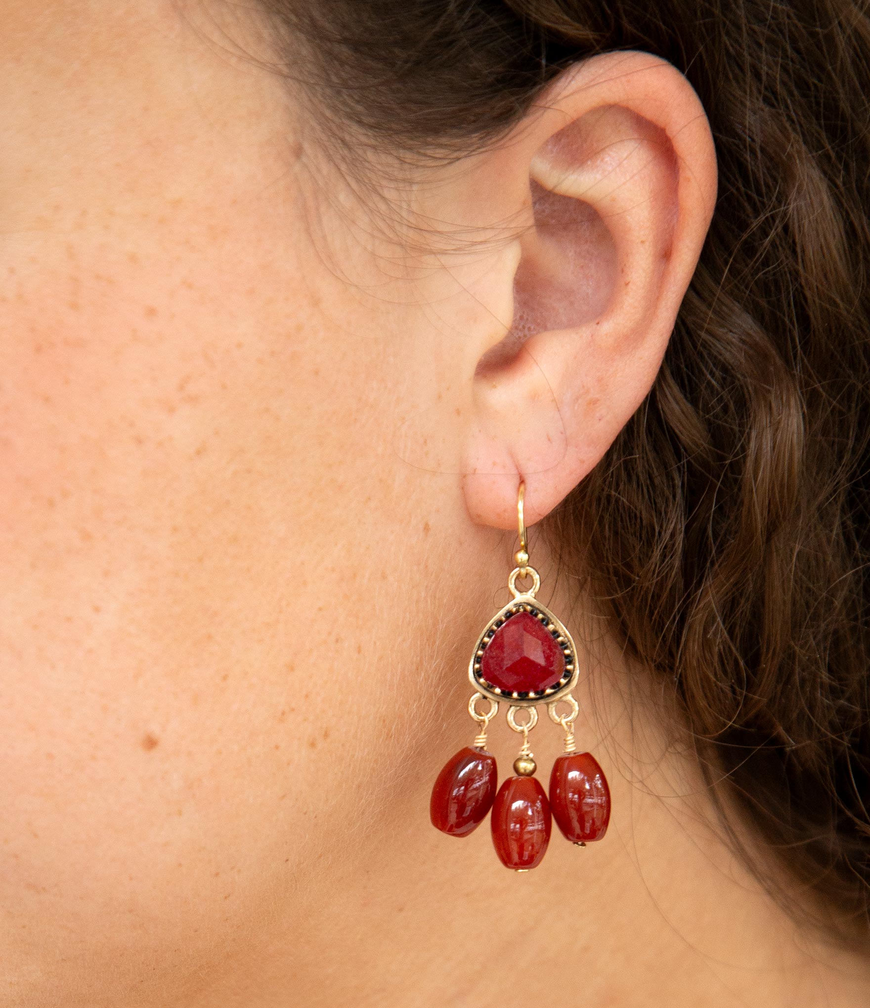 Filigreed Merlot Red Quartz Golden Drop Earrongs Barse Jewelry