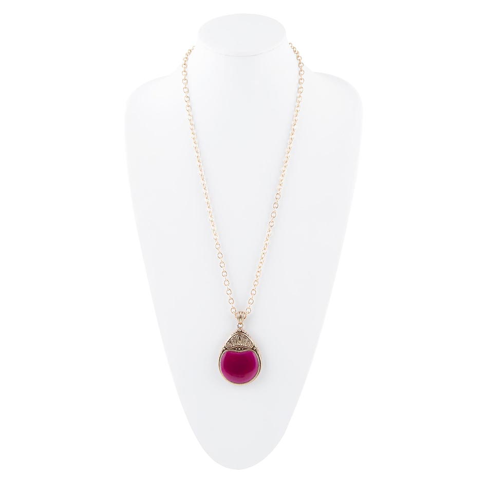 Flamenco Pink Magenta Agate Golden Pendant Necklace Barse Jewelry