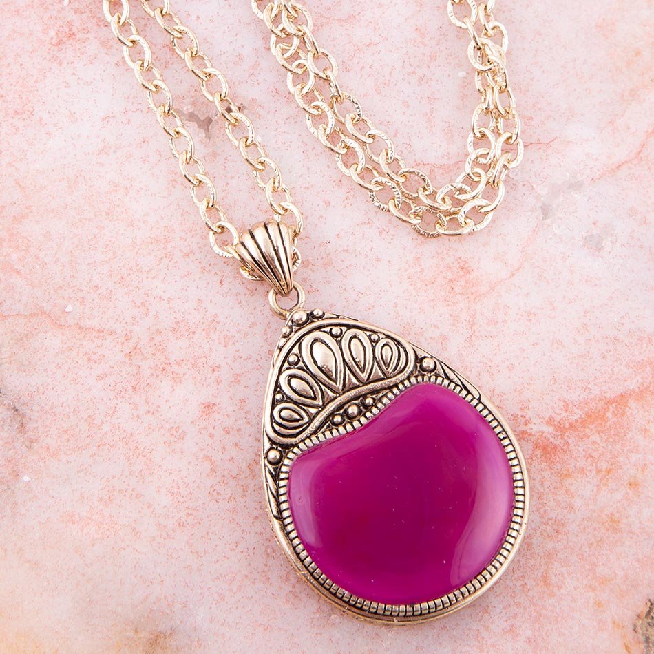 Flamenco Pink Magenta Agate Golden Pendant Necklace Barse Jewelry