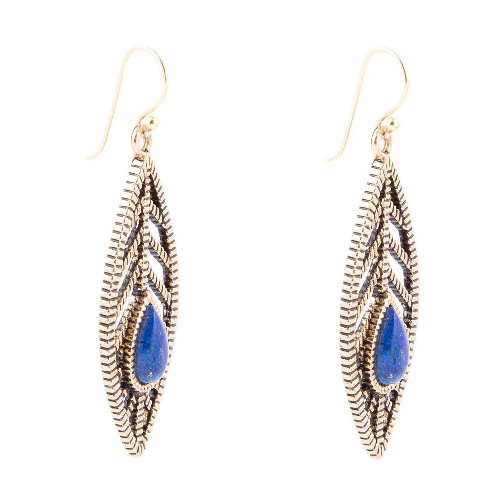 Flourished Blue Lapis Golden Feather Drop Earrings Barse Jewelry