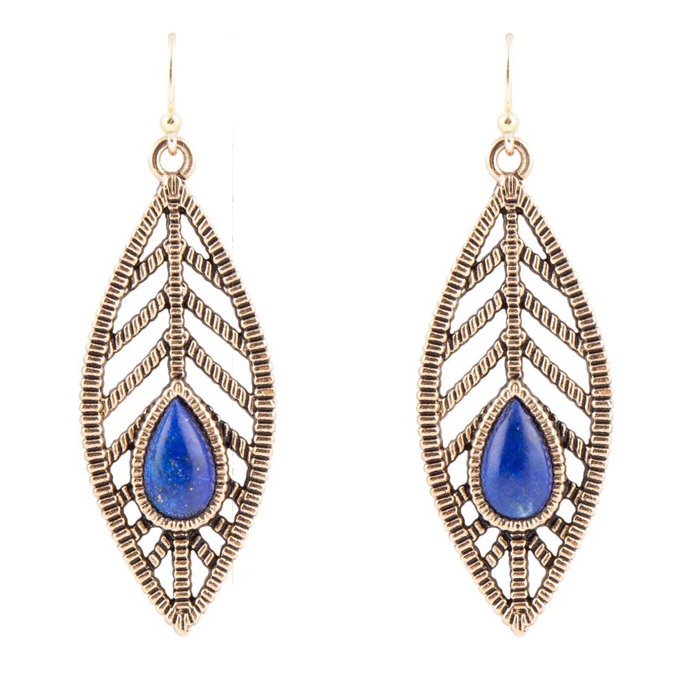 Flourished Blue Lapis Golden Feather Drop Earrings Barse Jewelry