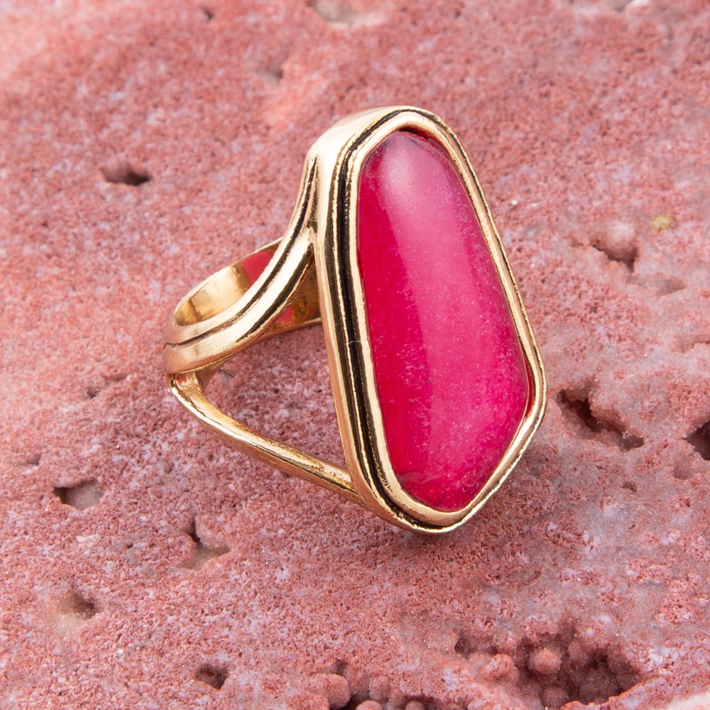 Pink Fuchsia Agate and Golden Abstract Ring Barse Jewelry
