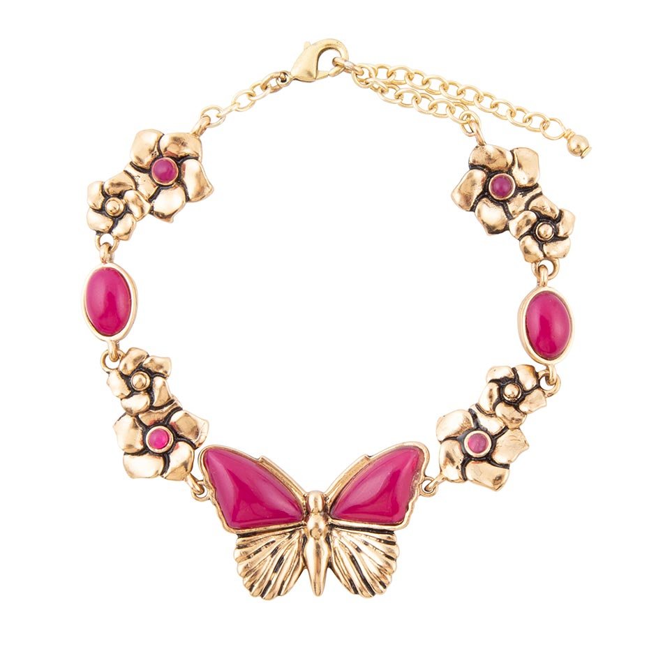 Pink Fuchsia Agate Golden Butterflies Adjustable Bracelet Barse Jewelry