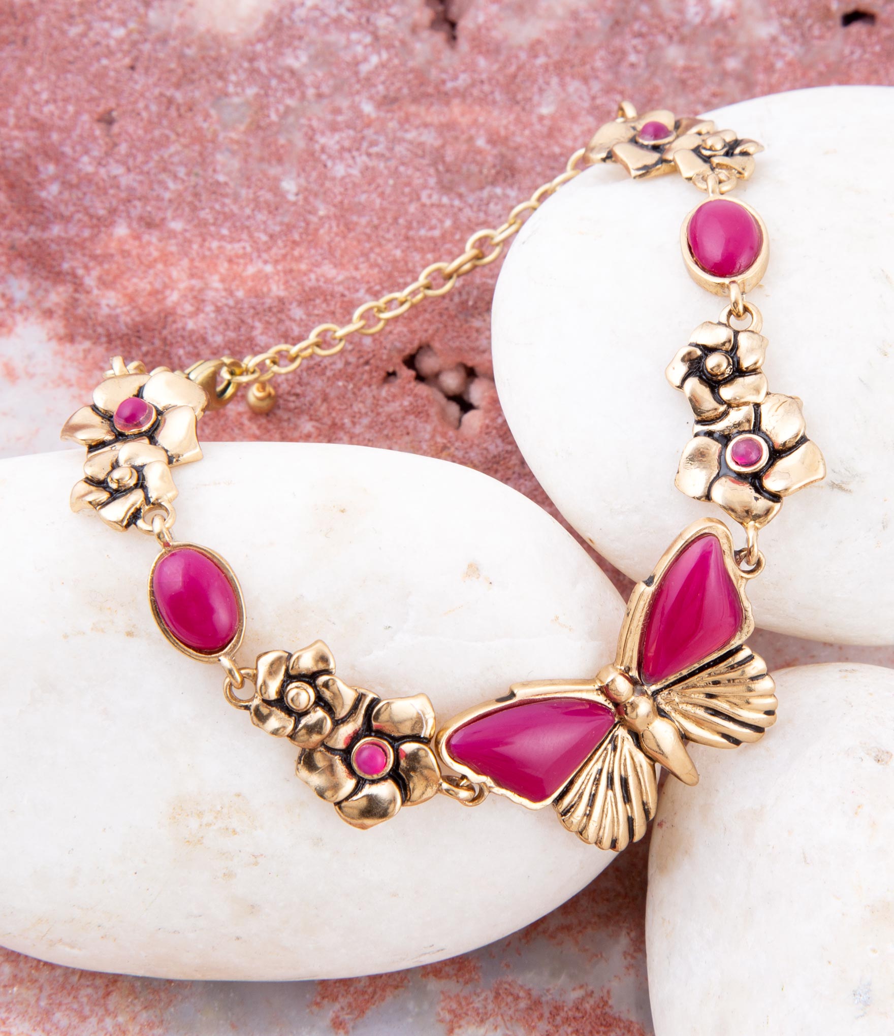 Pink Fuchsia Agate Golden Butterflies Adjustable Bracelet Barse Jewelry