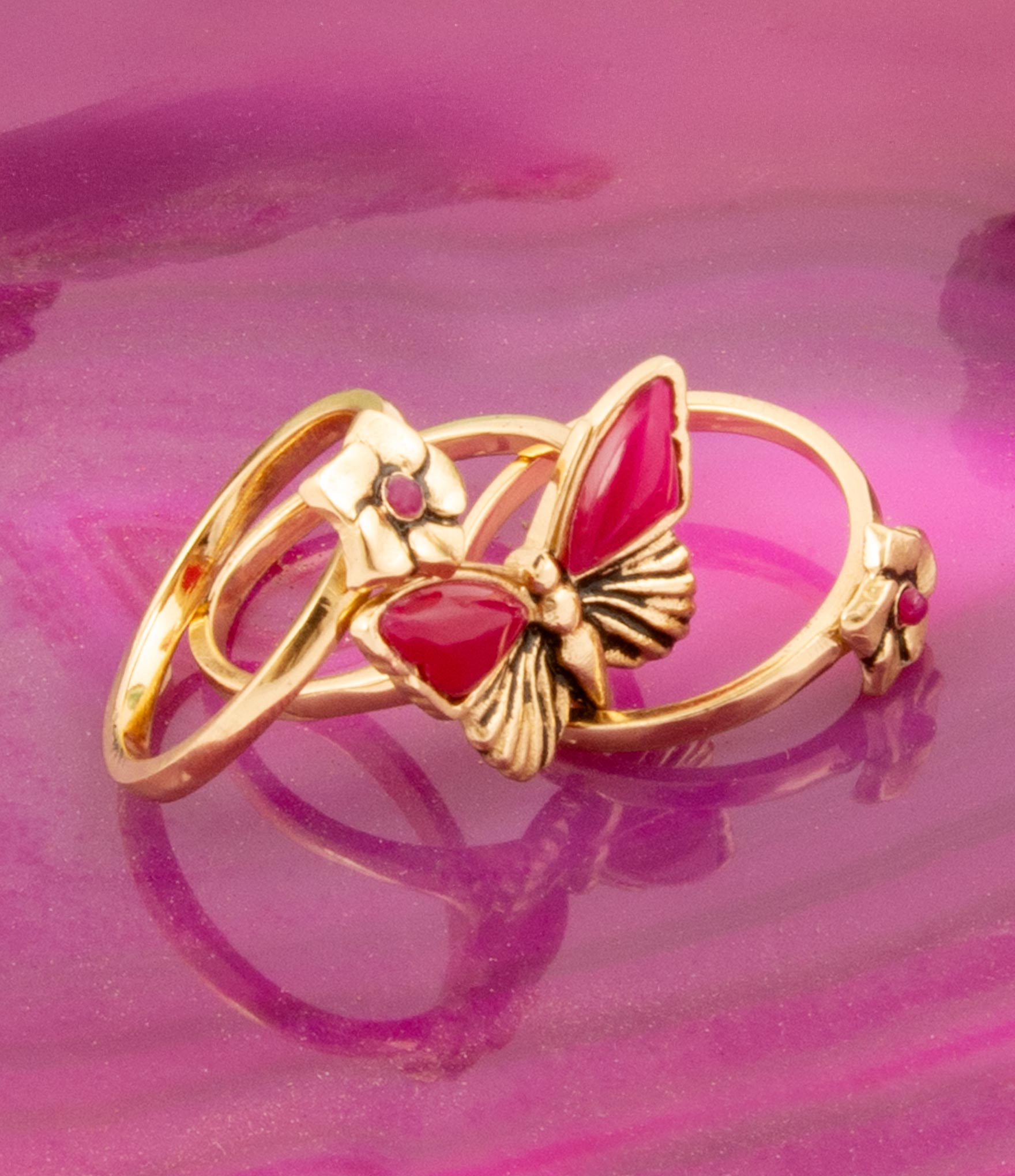 Pink Fuchsia Agate Golden Butterflies Triple Ring Set Barse Jewelry
