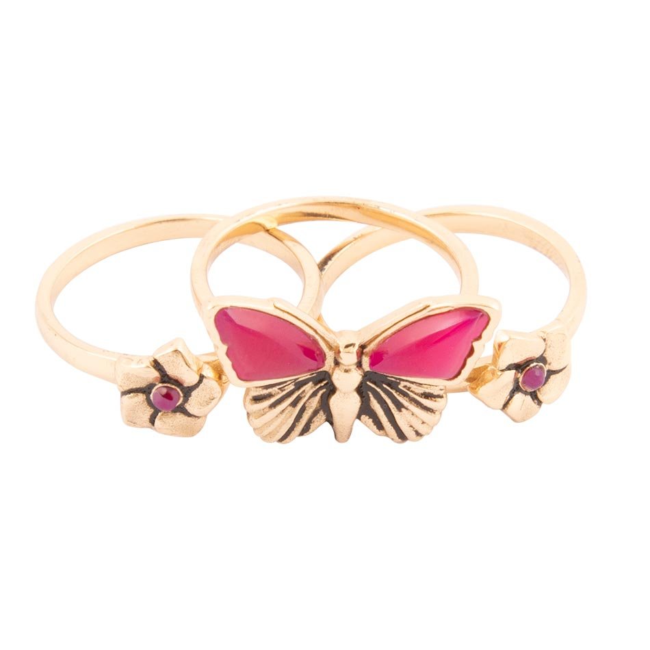 Pink Fuchsia Agate Golden Butterflies Triple Ring Set Barse Jewelry