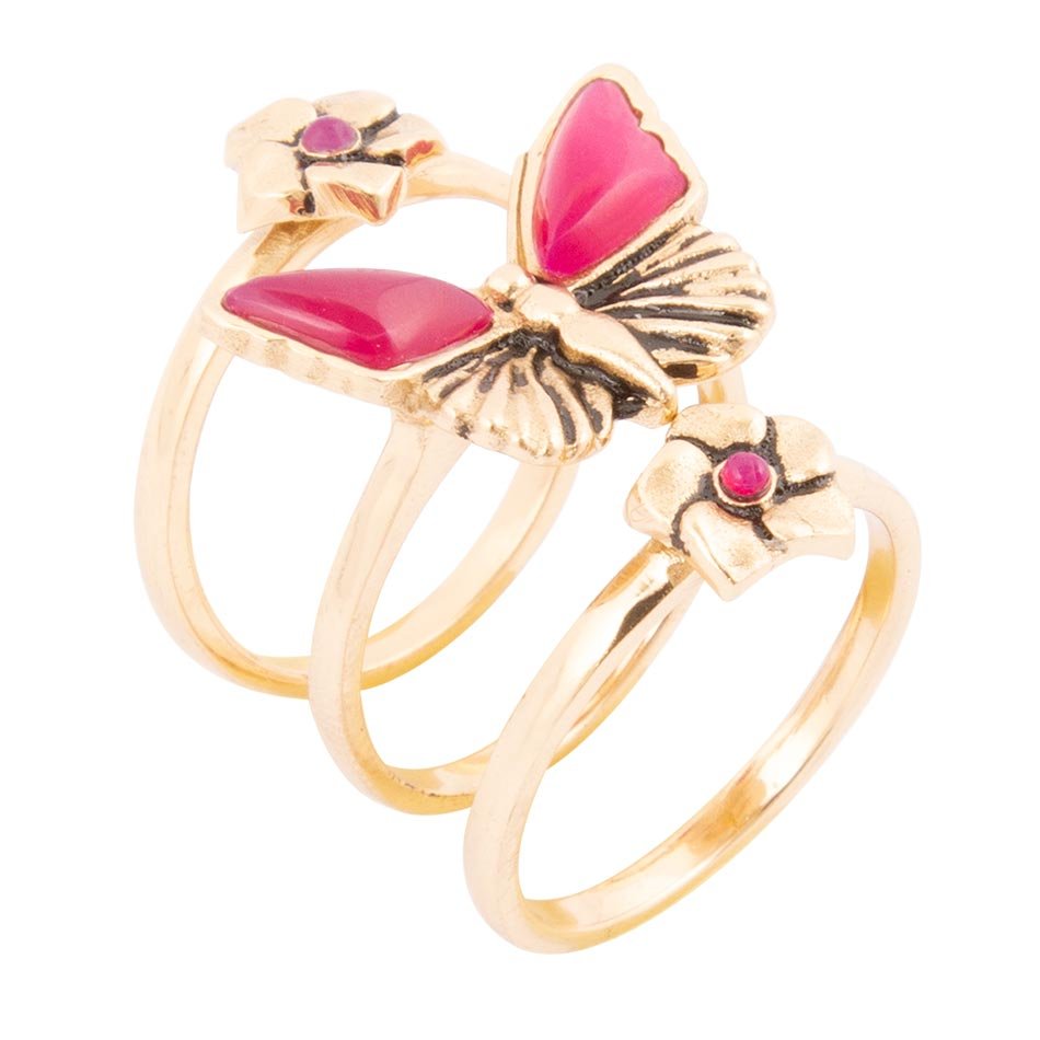 Pink Fuchsia Agate Golden Butterflies Triple Ring Set Barse Jewelry