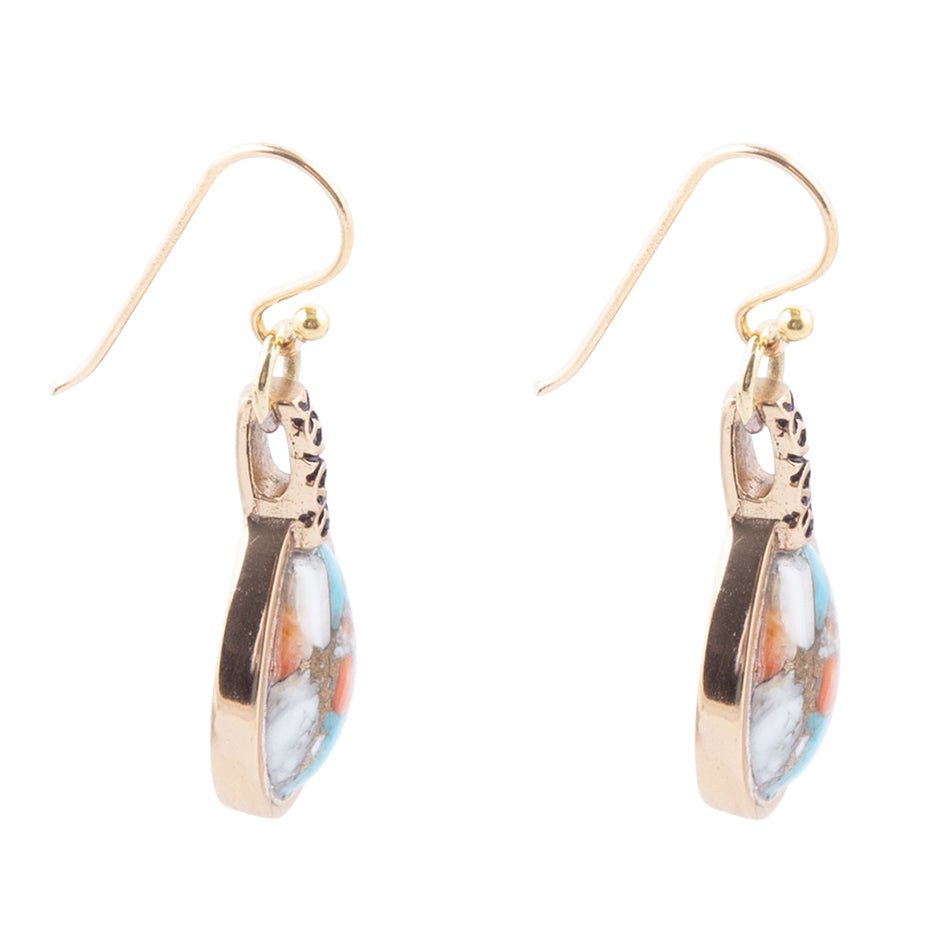 Blue and Orange Turquoise and Spiny Oyster Shell Stone Mix Golden Earrings Barse Jewelry