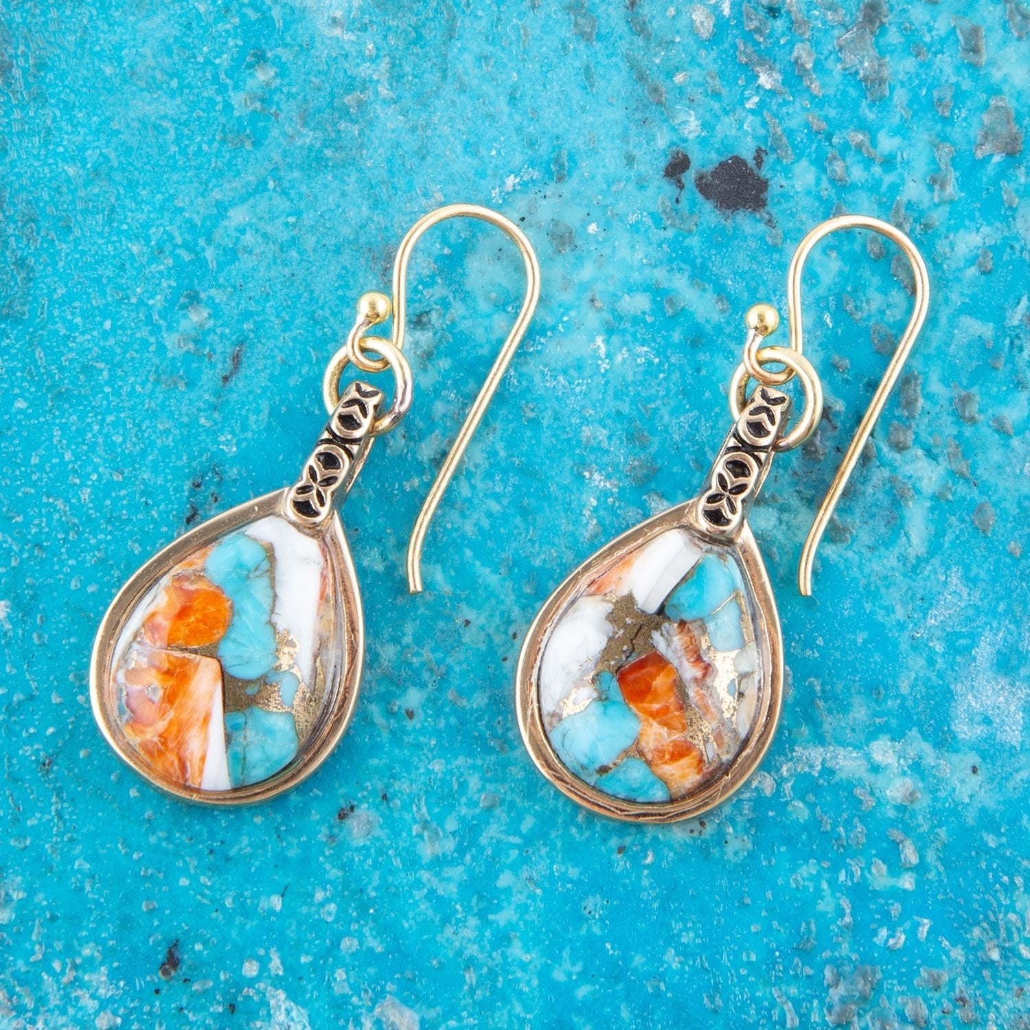 Blue and Orange Turquoise and Spiny Oyster Shell Stone Mix Golden Earrings Barse Jewelry
