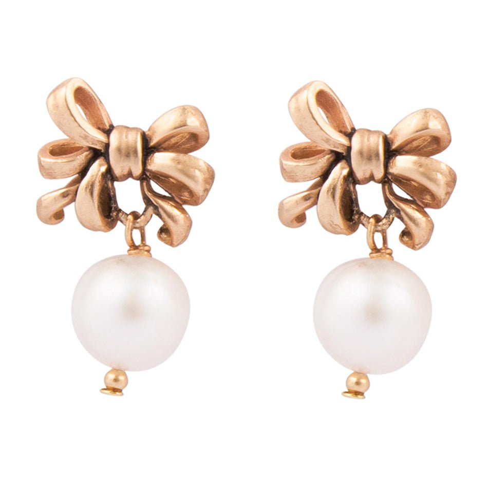 Gifted Freshwater Pearl Bow Golden Drop Earrings Barse Jewelry