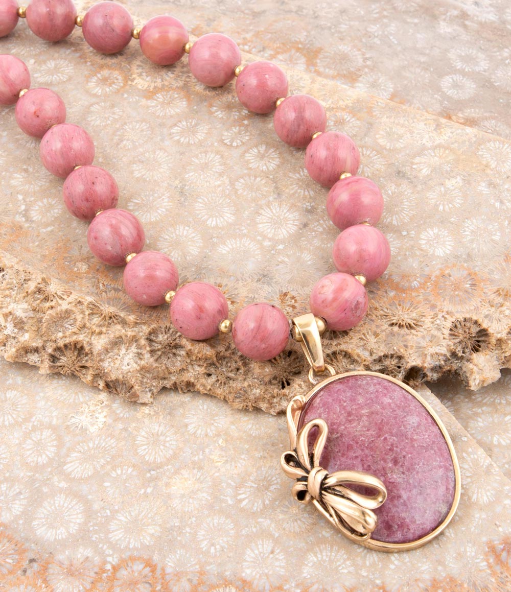 Gifted Pink Rhodonite Gold Bow Beaded Pendant Necklace Barse Jewelry