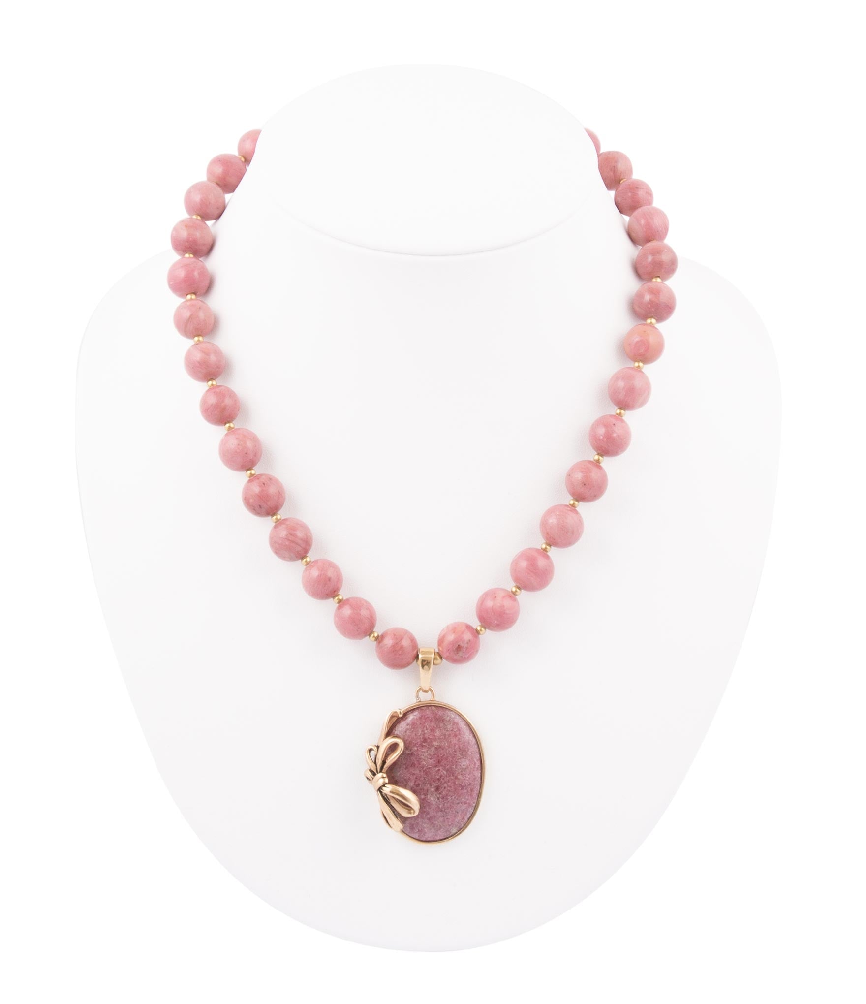 Gifted Pink Rhodonite Gold Bow Beaded Pendant Necklace Barse Jewelry