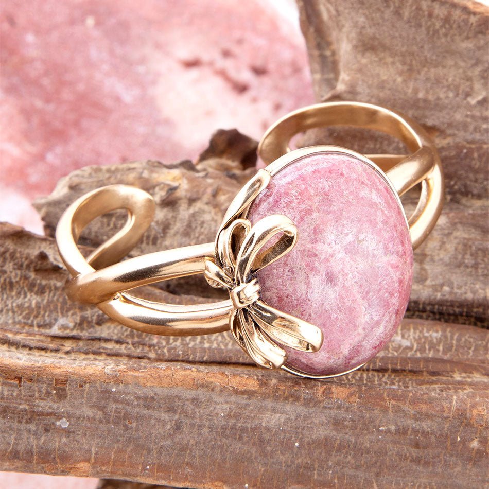 Gifted Pink Rhodonite Golden Bow Cuff Bracelet Barse Jewelry