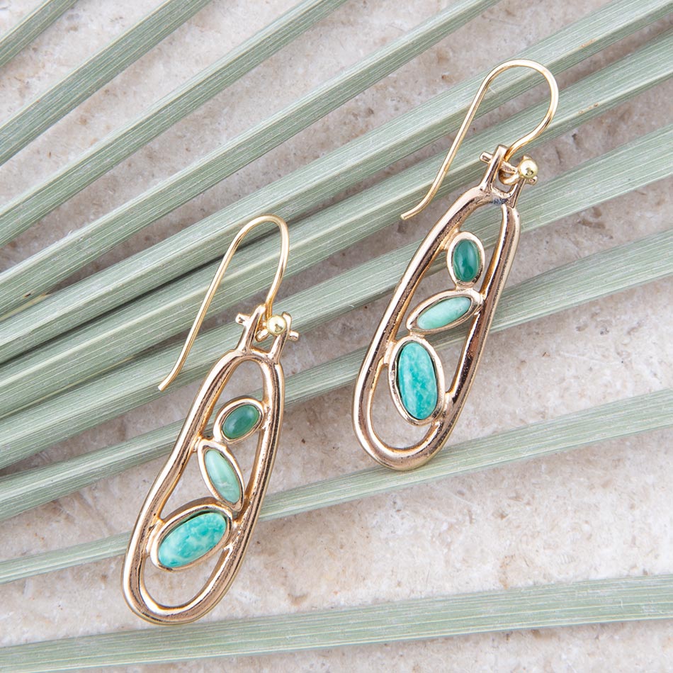 Golden Drop Green Stones Earrings Barse Jewelry