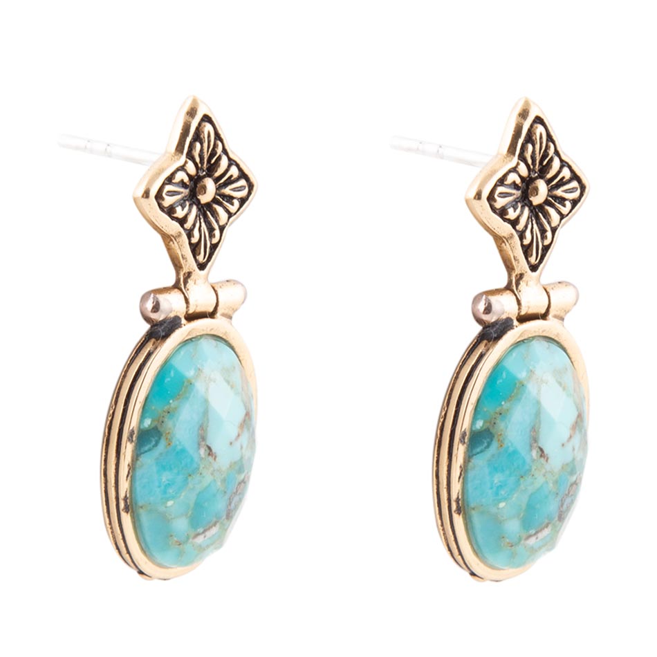 Golden Flower and Blue Turquoise Drop Earrings Barse Jewelry
