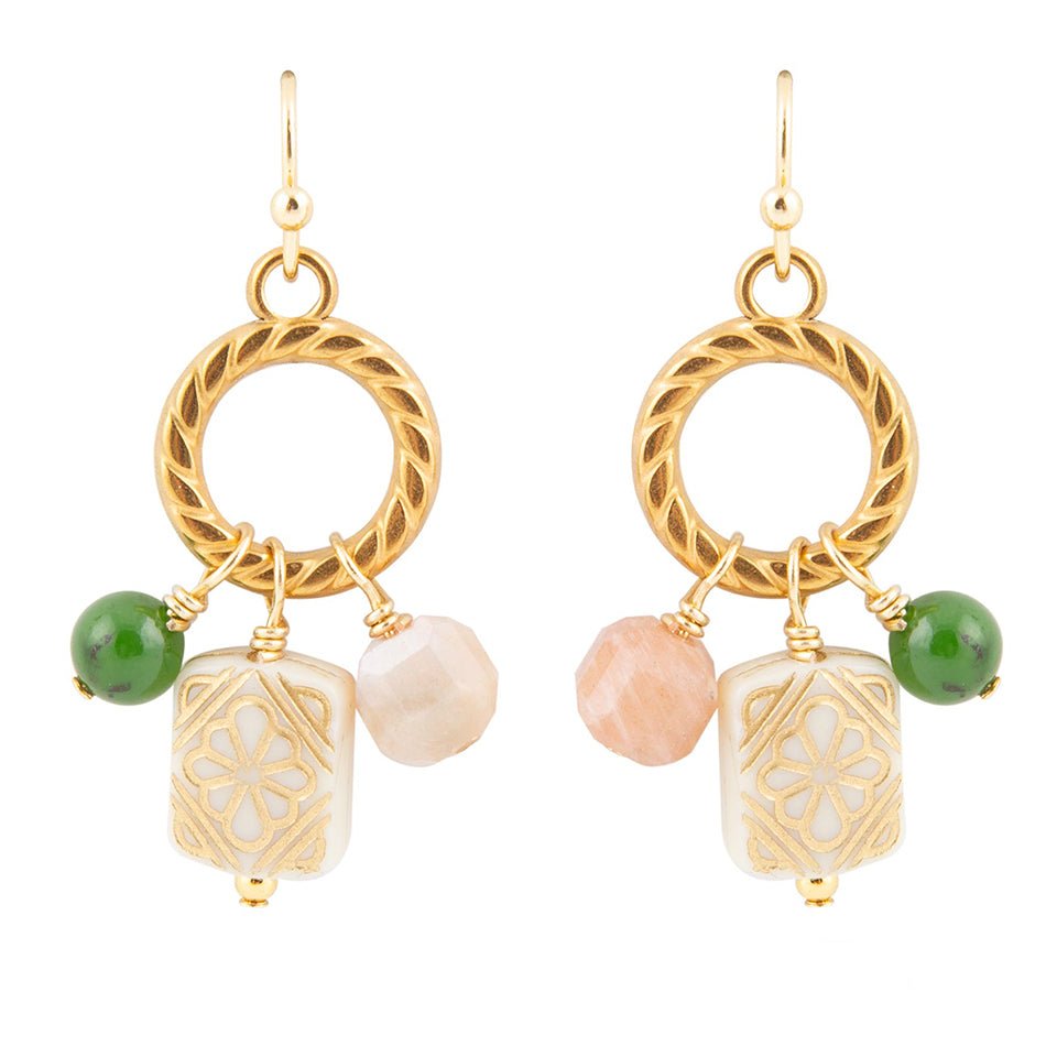 Green Jade and Pink Sunstone Golden Drop Earrings Barse Jewelry