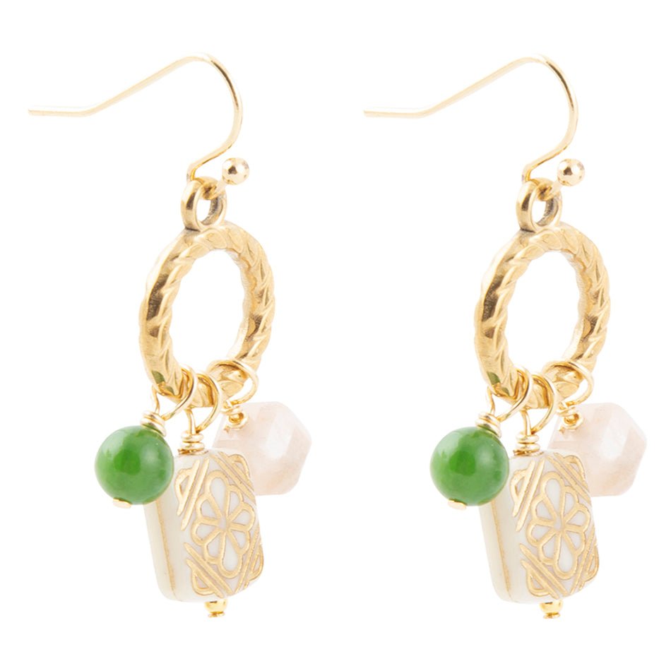 Green Jade and Pink Sunstone Golden Drop Earrings Barse Jewelry