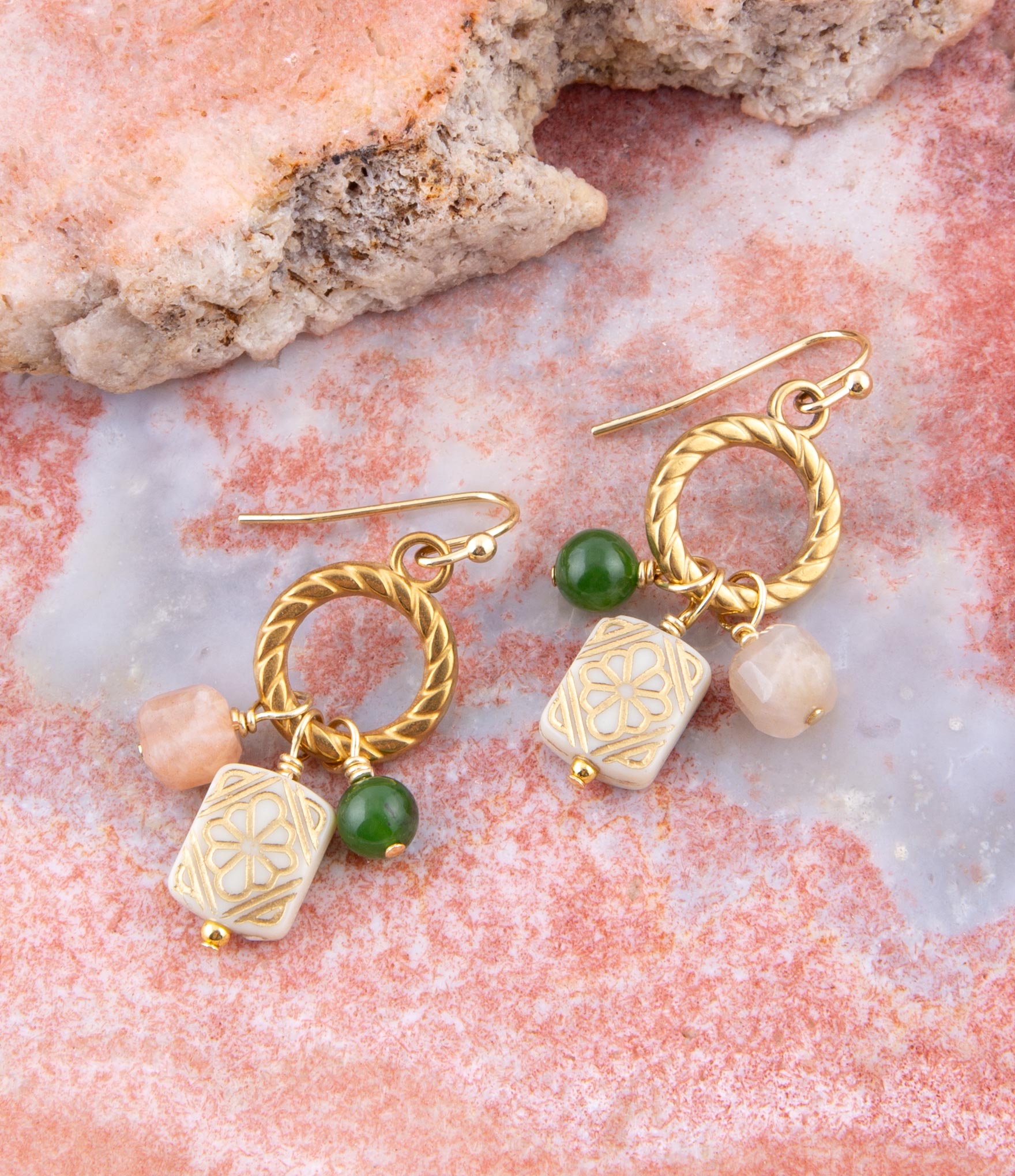 Green Jade and Pink Sunstone Golden Drop Earrings Barse Jewelry